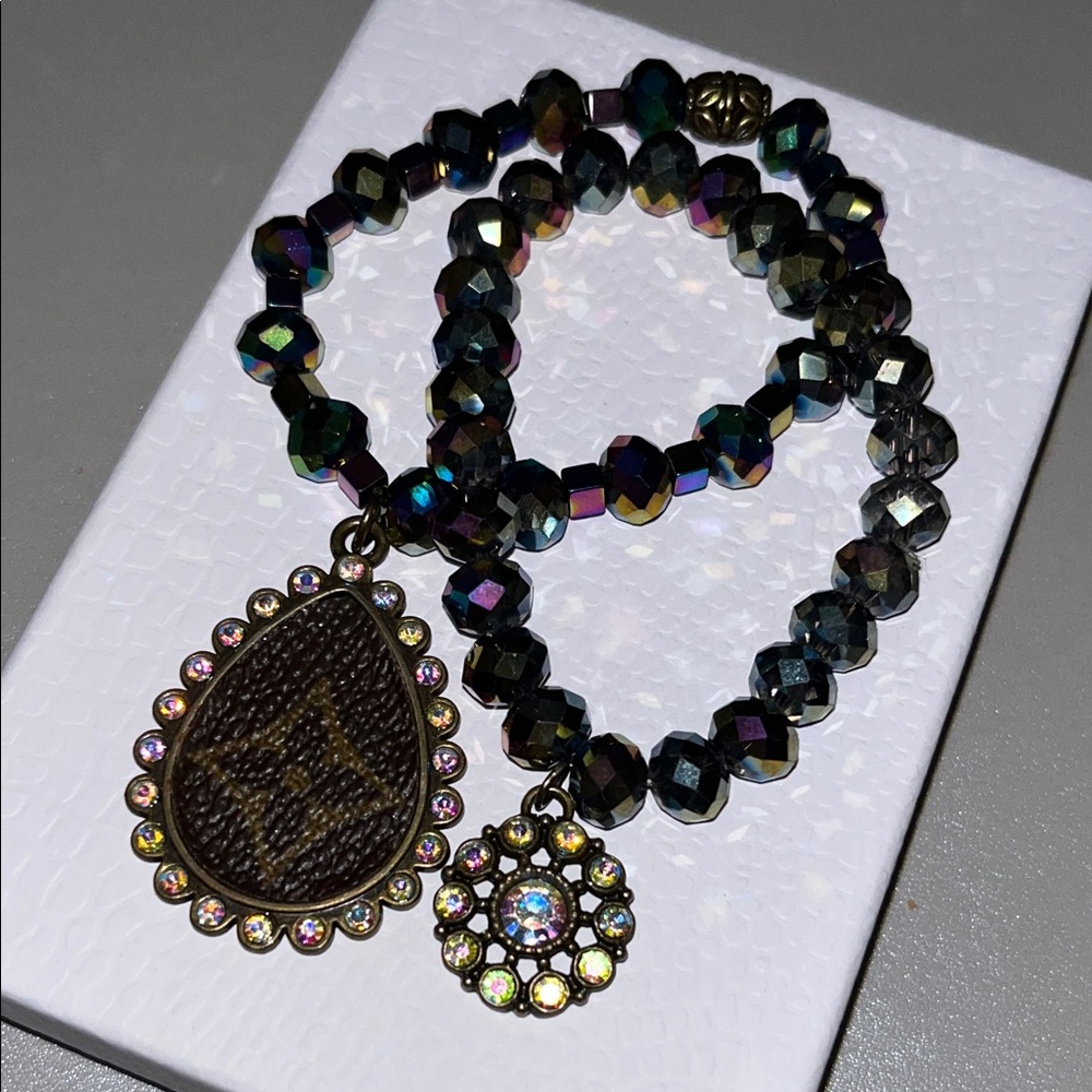 Beaded Stretch Bracelet – Repurposed Monogram Canvas – Handmade Statement Piece